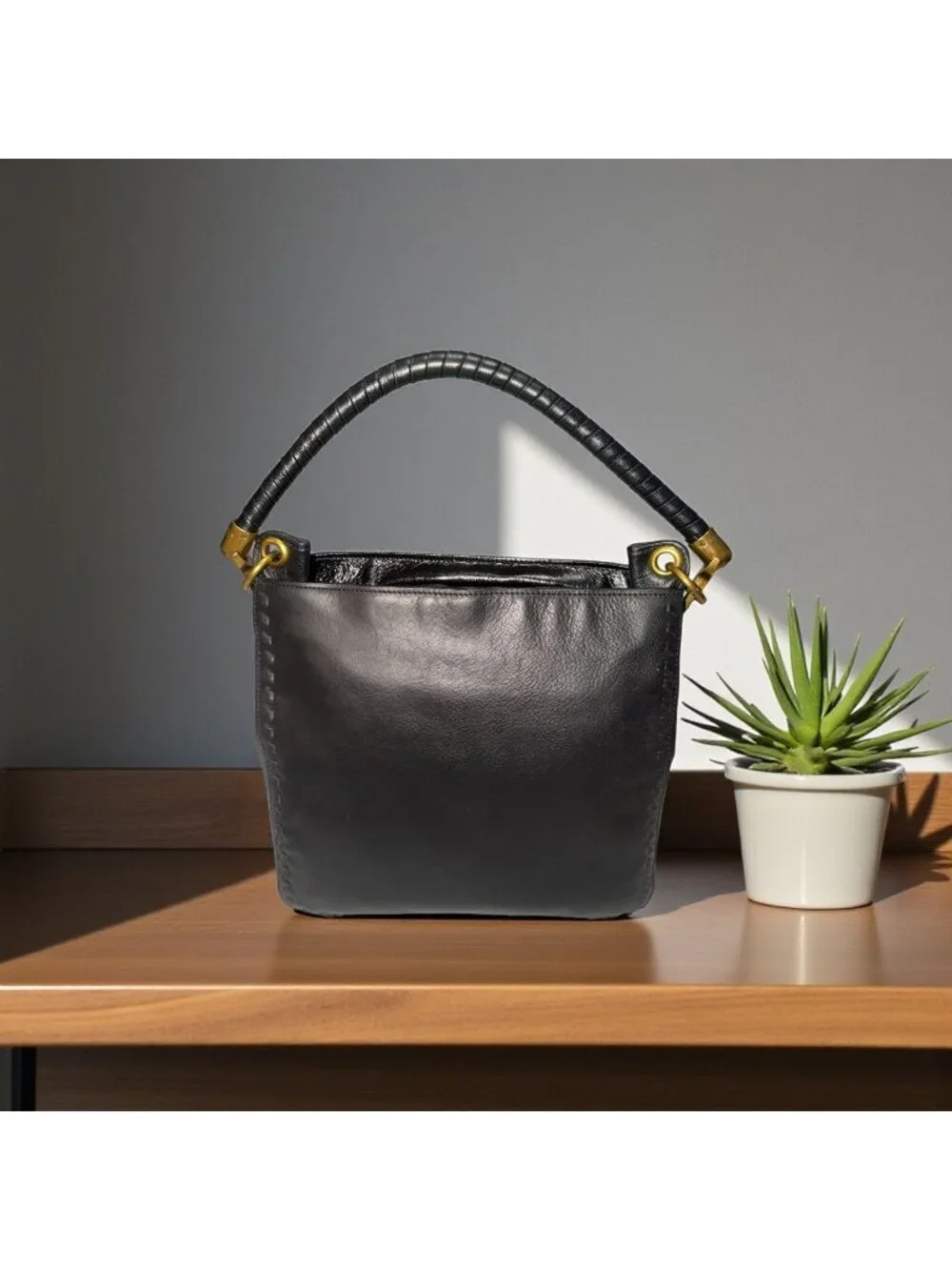 The Sak Collective Estrada Demi Bag Black Leather Brass Whipstitch Shoulder Hobo - Picture 2 of 10